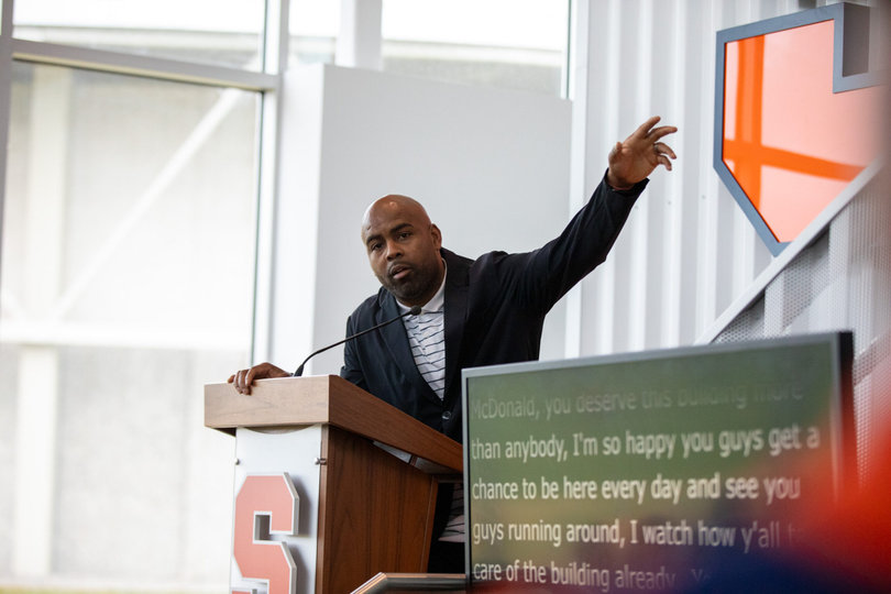 Syracuse head coach Fran Brown addresses the crowd before the football performance center’s ribbon cutting. Brown led the Orange to a 10-3 record in 2024 in his first season as a head coach.