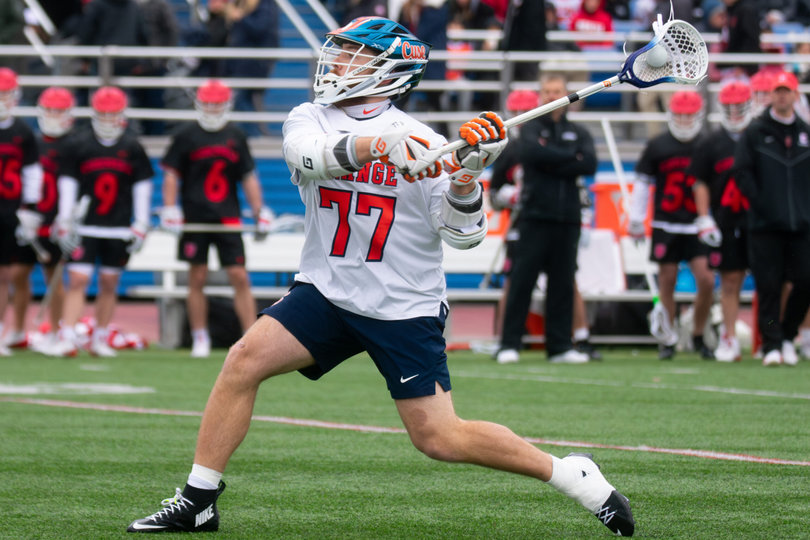 Syracuse attack Owen Hiltz readies to unleash a shot versus Cornell. Hiltz provided a jolt to SU’s attack, finishing with four goals and two assists, while fellow attack Joey Spallina only mustered one goal and freshman Payton Anderson managed just one assist.