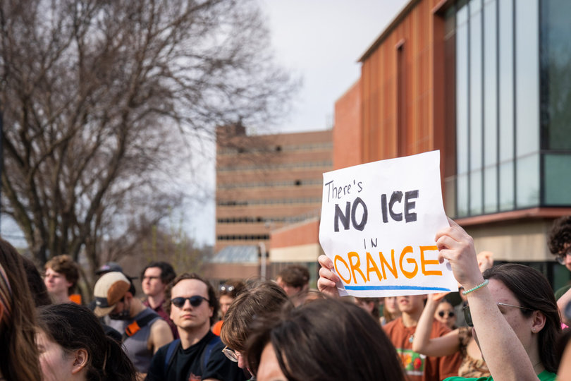 One protester’s sign calls out the Immigration and Customs Enforcement agency, which President Donald Trump has bolstered in his second term in office. Syracuse University’s Department of Public Safety has issued directions to staff and faculty on how to respond if members of federal law enforcement, including ICE, come to campus.