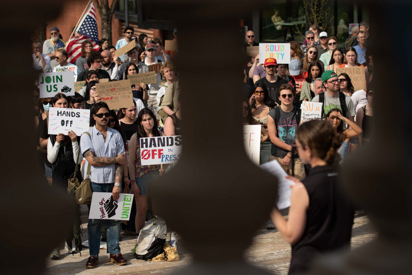 Thursday’s protest took place directly on Syracuse University’s campus. Earlier in April, another “Hands Off!” protest occurred in downtown Syracuse.