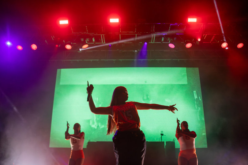 Latto and her backup dancers perform at Block Party. The Atlanta, Georgia, native opened her set with her song “Georgia Peach.”