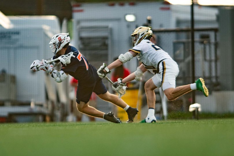 Owen Hiltz attempts to fire off a shot against Notre Dame. Hiltz scored five goals and notched one assist in SU’s win over ND.