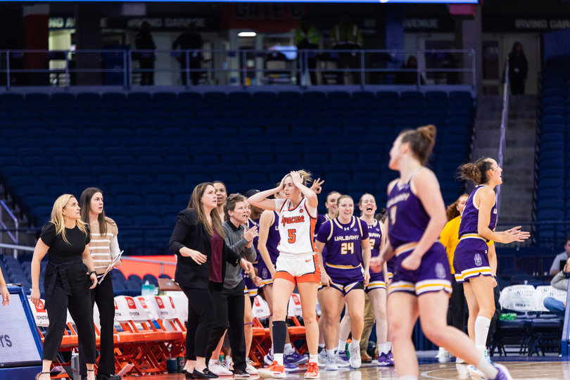 Nov. 20, 2024: UAlbany’s Lilly Phillips drained a go-ahead 3-pointer with three seconds left as Syracuse fell to the Great Danes 73-70. The upset loss led to a fiery postgame press conference from Syracuse head coach Felisha Legette-Jack, blaming the SU community for the low attendance.