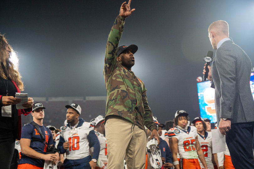 Dec. 27, 2024: SAN DIEGO, CA – First-year head coach Fran Brown celebrates Syracuse’s DIRECTV Holiday Bowl victory. The win marked SU’s first bowl game victory since 2018, clinching the program’s third 10-win season this century.