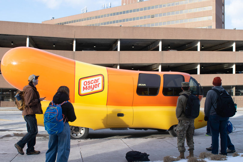 Feb. 2, 2025: The Oscar Mayer Wienermobile came to Syracuse University’s campus to recruit its next class of Hotdoggers. There are only 12 Hotdoggers in the nation, two for each of the six Wienermobiles.