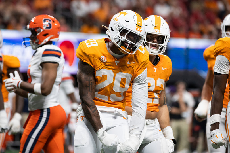 Tennessee defensive lineman Jordan Ross celebrates his tackle for loss. The Volunteers’ defensive line combined for five sacks and seven TFLs against Syracuse.