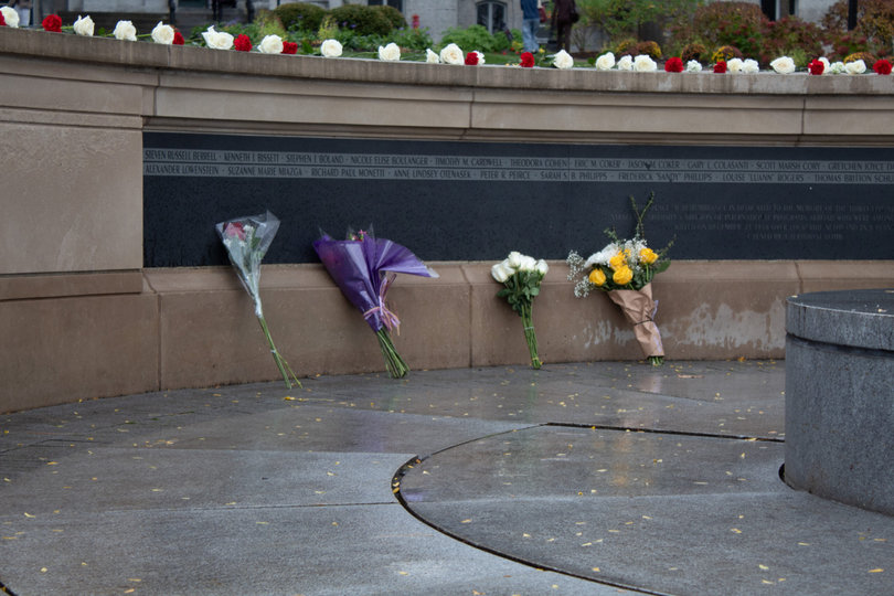 Roses line the Place of Remembrance in front of the Hall of Languages following the Rose Laying Ceremony. Remembrance and Lockerbie Scholars placed 46 roses, representing the victims of the Pan Am Flight 103 bombing.