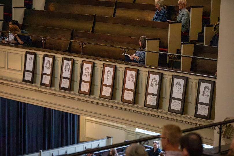 Throughout the week, Hendricks Chapel displayed frames of the 35 SU students lost in the Pan Am Flight 103 bombing. 