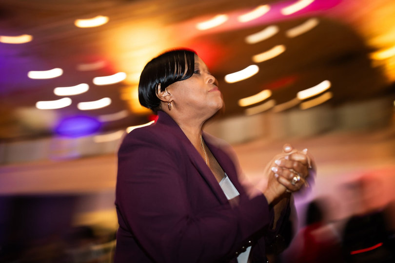 Mayor-elect Sharon Owens dances at her watch party shortly before the race is called. Energy remained high at the Palladian while the Owens campaign awaited final polling counts.