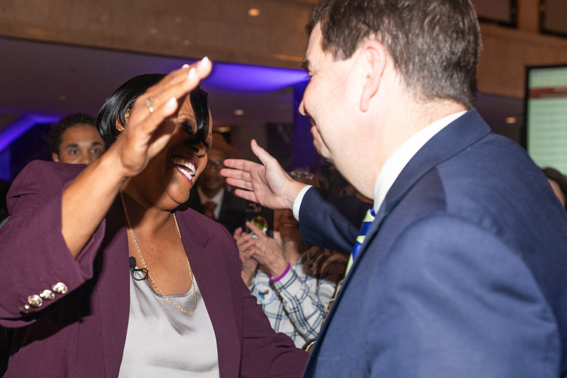 Owens welcomes NY-22 Congressman John Mannion to her watch party. On Tuesday evening, supporters, friends and fellow politicians attended her to await polling results.
