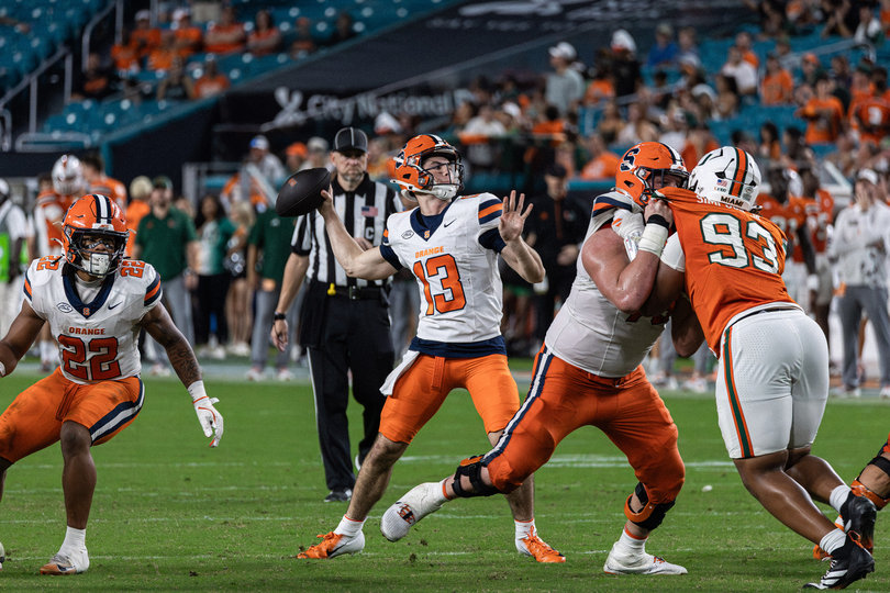 Joe Filardi looks downfield in the fourth quarter. Filardi replaced Collins on the Orange’s final drive, completing three passes and throwing Syracuse’s lone touchdown.
