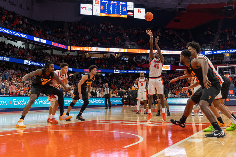 Syracuse center William Kyle III releases a free throw shot. Despite shooting 4-for-10 from the charity stripe, Kyle hit a free throw to give SU a late 61-60 lead.
