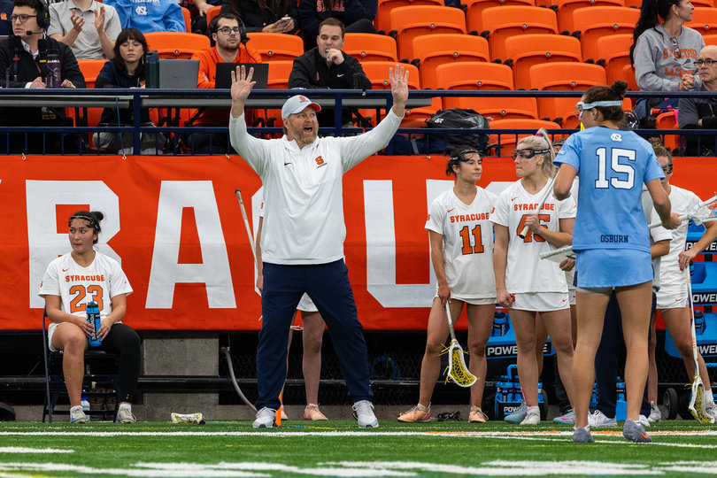 Syracuse women’s lacrosse head coach Regy Thorpe gestures on the sidelines of No. 14 Syracuse’s 13-9 loss to No. 1 North Carolina Friday. The Orange never trailed by more than one goal through three periods and led by one at halftime, but couldn’t keep up with the Tar Heels late.