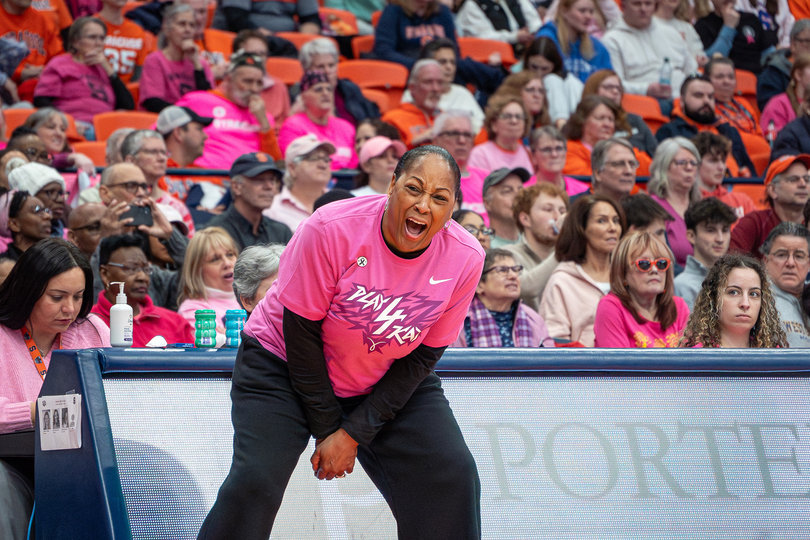 Syracuse women’s basketball head coach Felisha Legette-Jack shows her emotion in the Orange’s 68-64 win over Clemson Sunday. The victory all but assured the Orange’s place in March Madness after missing out last season.