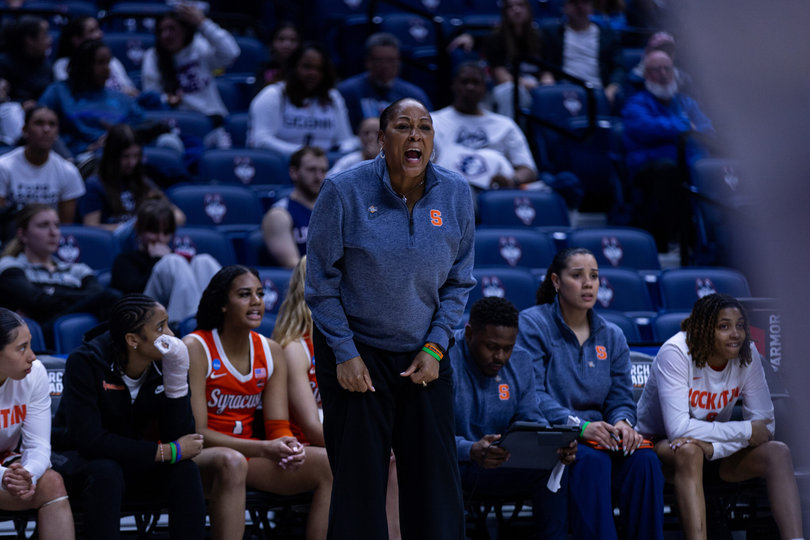 Syracuse head coach Felisha Legette-Jack shouts at the referees during her team’s win against Iowa State. “Our goal is to continue to tell our story, one possession, one day at a time,” she said after the win. (Updated Sunday, March 29, at 1:00 p.m. EST.)