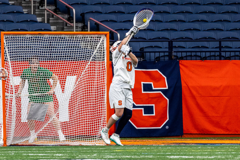 Syracuse goalie Daniella Guyette completes a leaping save in its win over Notre Dame. Guyette recorded 11 saves and a .550 save percentage in the Orange’s narrow win. It’s her 13th game out of 15 in which she’s conceded single-digit goals.
