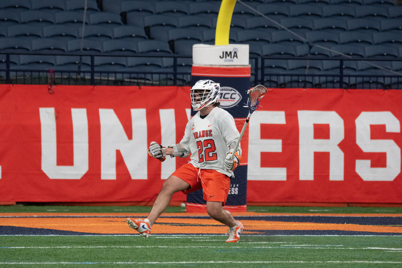 Syracuse attack Joey Spallina expresses his excitement in the Orange’s win over Virginia Saturday. Spallina logged five points in the victory, moving him within two of setting the program record and surpassing Mikey Powell’s 307 career mark.
