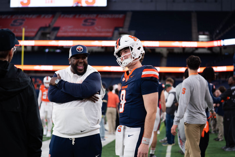 Quarterback Steve Angeli stands on the sideline before Syracuse’s spring game. Angeli suited up and participated in warmups, but didn’t play as he is still recovering from an Achilles injury.

