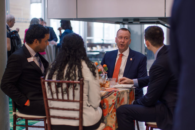 Chancellor-elect Mike Haynie sits alongside Student Government Association President Germán Nolivos, incoming SGA President Emily Castillo and incoming Vice President Max Lachut. Chancellor Kent Syverud and his wife Dr. Ruth Chen did not attend the ceremony, sharing regrets for missing the day.
