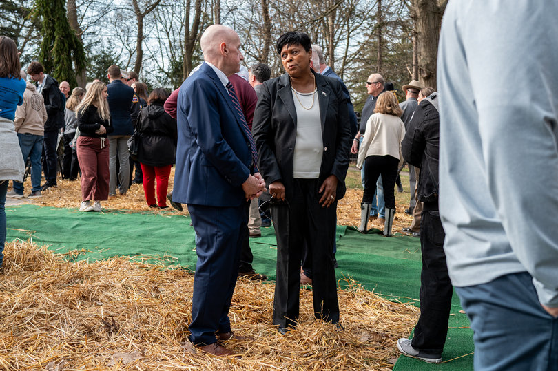 Syracuse Mayor Sharon Owens speaks with former Common Councilor Pat Hogan of the ceremony following its conclusion. Speakers throughout the unveiling noted Owens’ assistance with the memorial’s creation.
