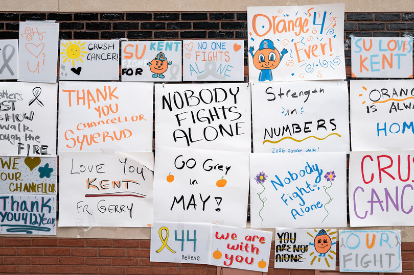SGA displays the visitors’ posters on one of Schine Student Center’s walls, leaving encouraging messages for Syverud. By the end of the event, over 30 signs covered the bricks — despite gusts of wind nearly knocking them down.