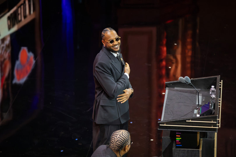 September 6, 2025: Carmelo Anthony speaks during the Basketball Hall of Fame induction ceremony in Springfield, Massachusetts. Anthony’s induction cemented his legacy as one of Syracuse University’s most decorated athletes.