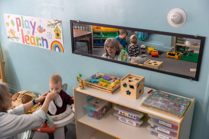 January 27, 2026: Susan Chase works with a child at her daycare, which is widely known to the community as Sue’s Daycare. She opened the center in 1992.