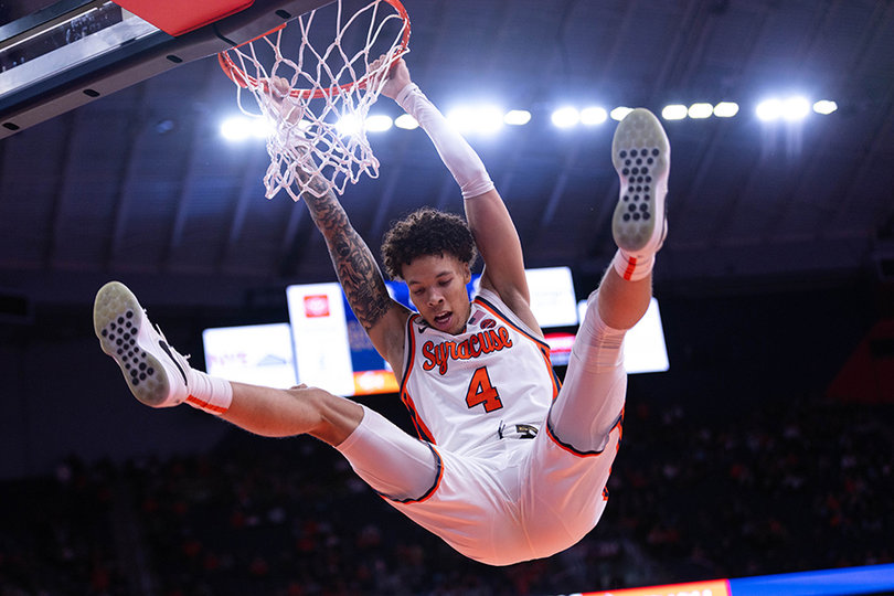 January 31, 2026: Syracuse’s Nate Kingz finishes a jam in SU’s 86-72 win over Notre Dame. Kingz finished the afternoon with a game-high 28 points, also a career-best for the senior guard.