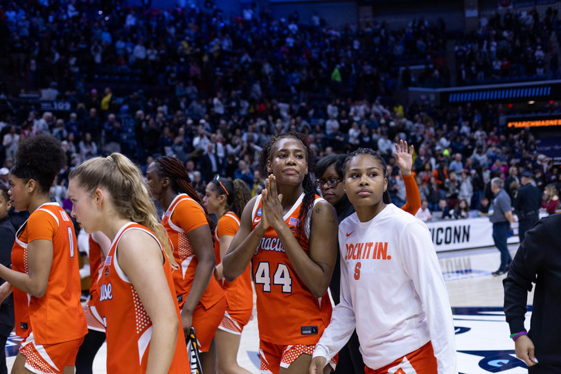 March 23, 2026: Syracuse women’s basketball exits the Gampel Pavilion court after a 98-45 loss to top-ranked UConn in the NCAA Tournament Second Round. The defeat ended SU’s magical season that featured 24 wins.