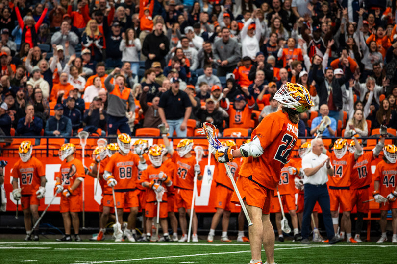 March 28, 2026: Syracuse attack Joey Spallina looks toward the sky in SU’s nail-biting 16-15 win over Duke. Twenty-one days later, against Colgate, Spallina recorded his 308th-career point, becoming the Orange’s all-time leader.