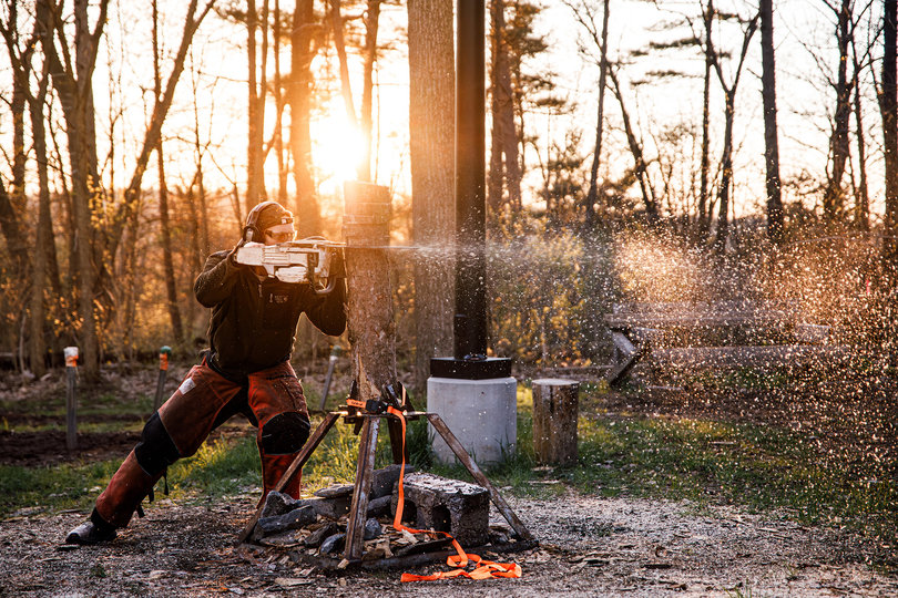 April 22, 2026: A SUNY ESF woodsman prepares for the “cookie-cut” event. The woodsman is part of the ESF Timbersports team.