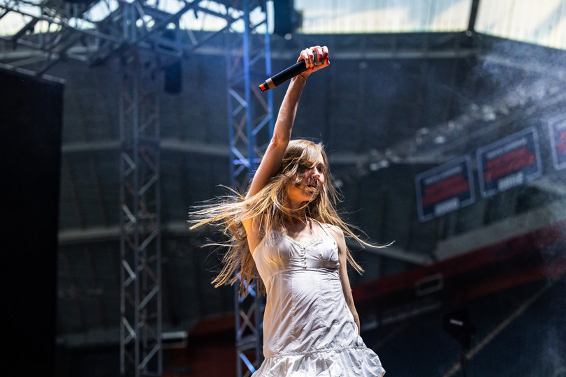 April 24, 2026: Snow Strippers lead singer Tatiana Schwaninger dances onstage at the JMA Wireless Dome. Snow Strippers performed at this year’s Block Party.
