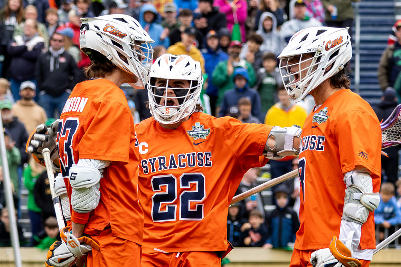 Syracuse’s Finn Thomson, Joey Spallina and Luke Rhoa (left to right) fire each other up. Thomson led the Orange with four goals, but Spallina and Rhoa combined for just two scores on 20 shots.