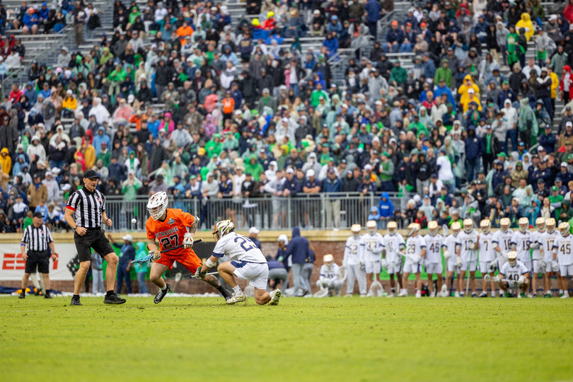SU’s John Mullen beats the Fighting Irish’s Tyler Spano at the faceoff X. Mullen finished with 14 faceoff wins on 24 attempts, keeping the Orange afloat until the contest’s late stages.