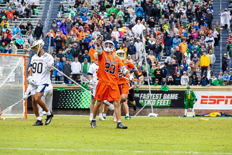 Thomson celebrates after scoring one of his four goals. The tallies marked his fourth straight game with a hat trick, dating back to the Orange’s Atlantic Coast Conference Tournament loss to North Carolina on May 1.