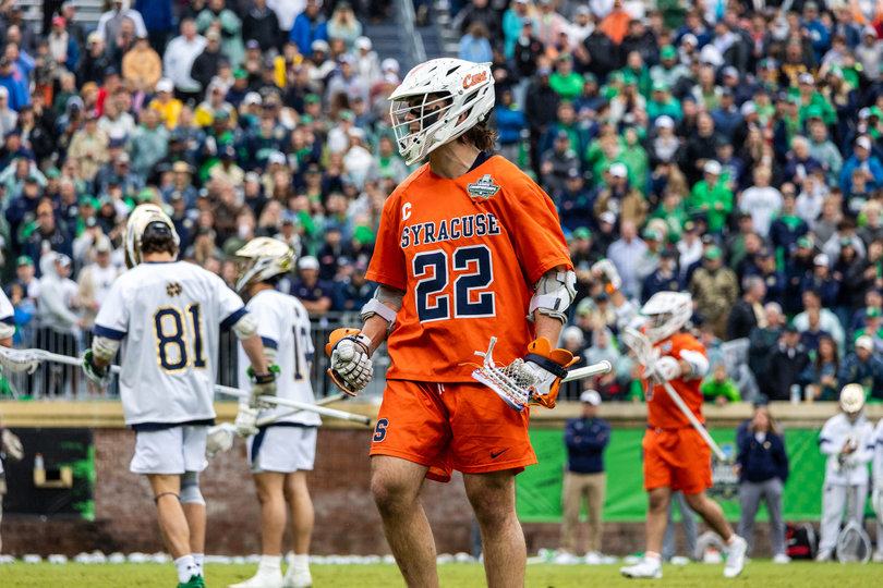 Spallina clenches his fists during the Orange’s loss. The senior’s two assists weren’t enough to overcome Notre Dame’s defense, which is led by fellow Tewaaraton finalist Shawn Lyght.