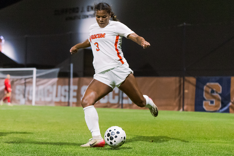 Syracuse defender Jasmine Nixon winds up to boot the ball downfield during a 3-0 loss to Virginia on Sept. 20, 2025. The junior deflected a free kick for her first SU goal in Sunday’s 3-1 win over Holy Cross.