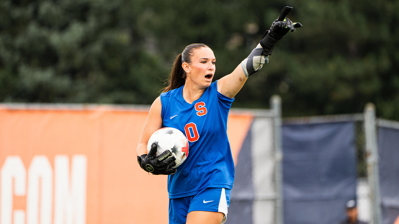 Syracuse goalkeeper Maya Naimoli shouts toward her teammates in SU women's soccer's 3-1 win over Holy Cross on Aug. 16. Naimoli has fit right in as the Orange's new goalkeeper to kick off the 2026 season.