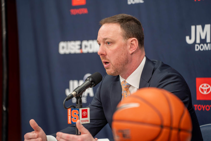 Syracuse men's basketball head coach Gerry McNamara addresses the media at his inaugural press conference on March 30. Ever since, McNamara has made efforts to recruit high school prospects to join SU in 2027.