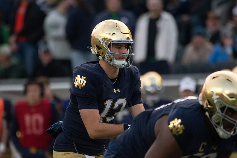 Notre Dame quarterback CJ Carr prepares for a snap in the Fighting Irish's 70-7 win over Syracuse on Nov. 22, 2025. Carr is one of a handful of potential 2027 NFL Draft prospects the Orange will play this fall.