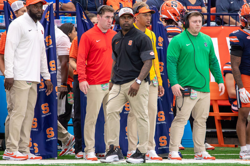 Syracuse head coach Fran Brown roams the sideline against Duke on Sept. 27, 2025. After Brown molded SU’s 2026 recruiting class into its highest-ranked ever, he’s making progress on its 2027 and 2028 classes.