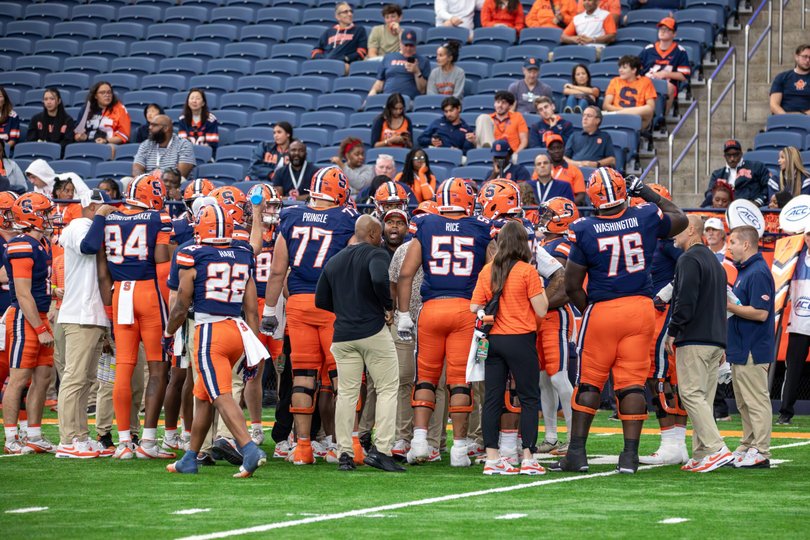 A group of Syracuse players gather during SU's loss to Duke in 2025. The Orange begin their 2026 season Saturday against New Hampshire, which already lost to UAlbany.