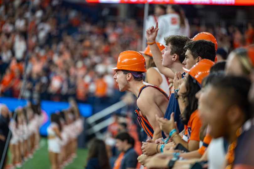 Syracuse University students cheer at The JMA Wireless Dome during Syracuse’s 66-3 win over New Hampshire on Sept. 6. The win was Syracuse’s first victory in 11 months.