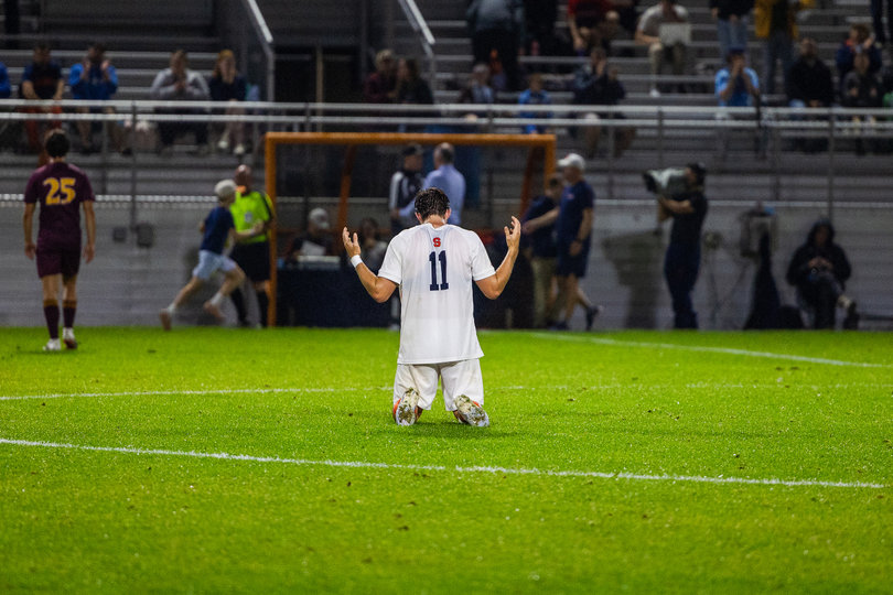 Syracuse midfielder Bryson Rodriguez celebrates at midfield after Syracuse’s 4-0 win over Iona on Aug. 31. Rodriguez scored one goal and tallied two assists in the victory.