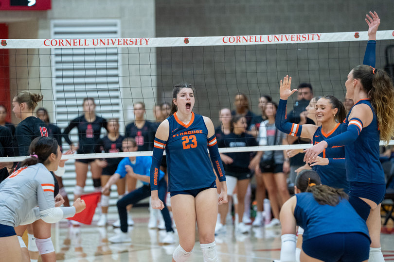 Abby Nicholson (23) joins her teammates on the court in Syracuse's win over Cornell on Sept. 5. Nicholson and fellow newcomers Kiernan Stamey, Yuka Urano and Charis Burge have excelled in their first season with the Orange.