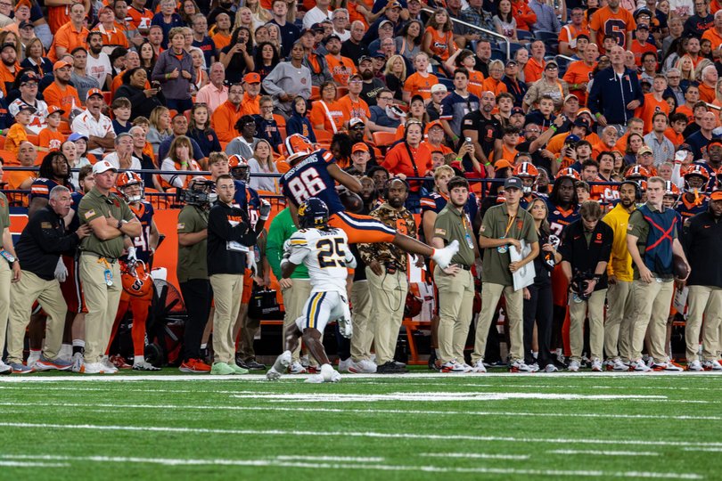 Amid his battle for a fifth year of college eligibility, Justus Ross-Simmons tallied six catches for 105 yards in his season debut Saturday.