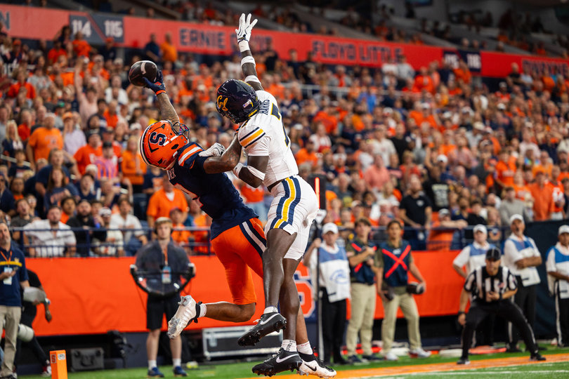 Syracuse receiver Umari Hatcher rises for a ball over a Cal defender in the Orange’s loss Saturday. The defeat was SU’s first of 2026, and it remains without an ACC win since September 2025.
