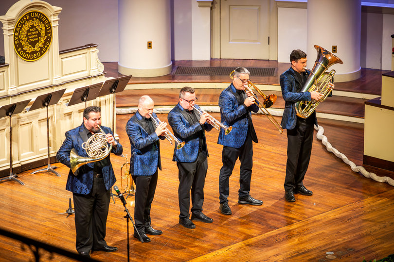 Members of Boston Brass play instruments like the trumpet and horn for the first concert of this year’s Malmgren Concert Series. Boston Brass and Hendricks Chapel Choir also performed Eric Nelson’s “Rise to Sing! The Light is Breaking” and “America the Beautiful” on Thursday.