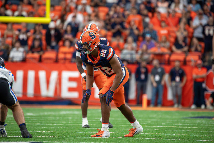 Syracuse linebacker Jamie Tremble lines up on the edge before a snap in a 38-3 loss to Duke on Sept. 27, 2025. The junior used to be on the other side of the field as a tight end before a position switch.
