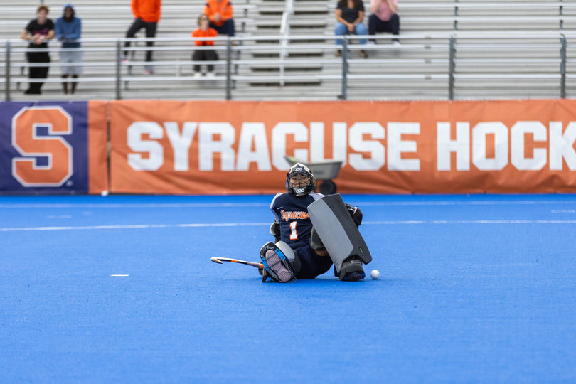 SU goalie Jessie Eiselin straddles after facing a shootout attempt during a 3-2 win over UMass Lowell on Sept. 18. While she competes alongside Tane King, Eiselin's played the bulk of the minutes this season.